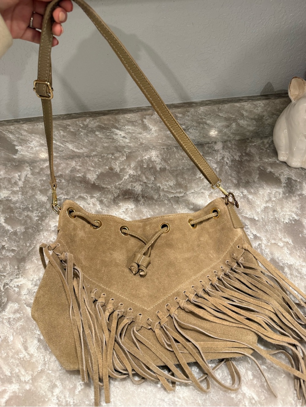 Suede Fringe Shoulder Bag in Taupe